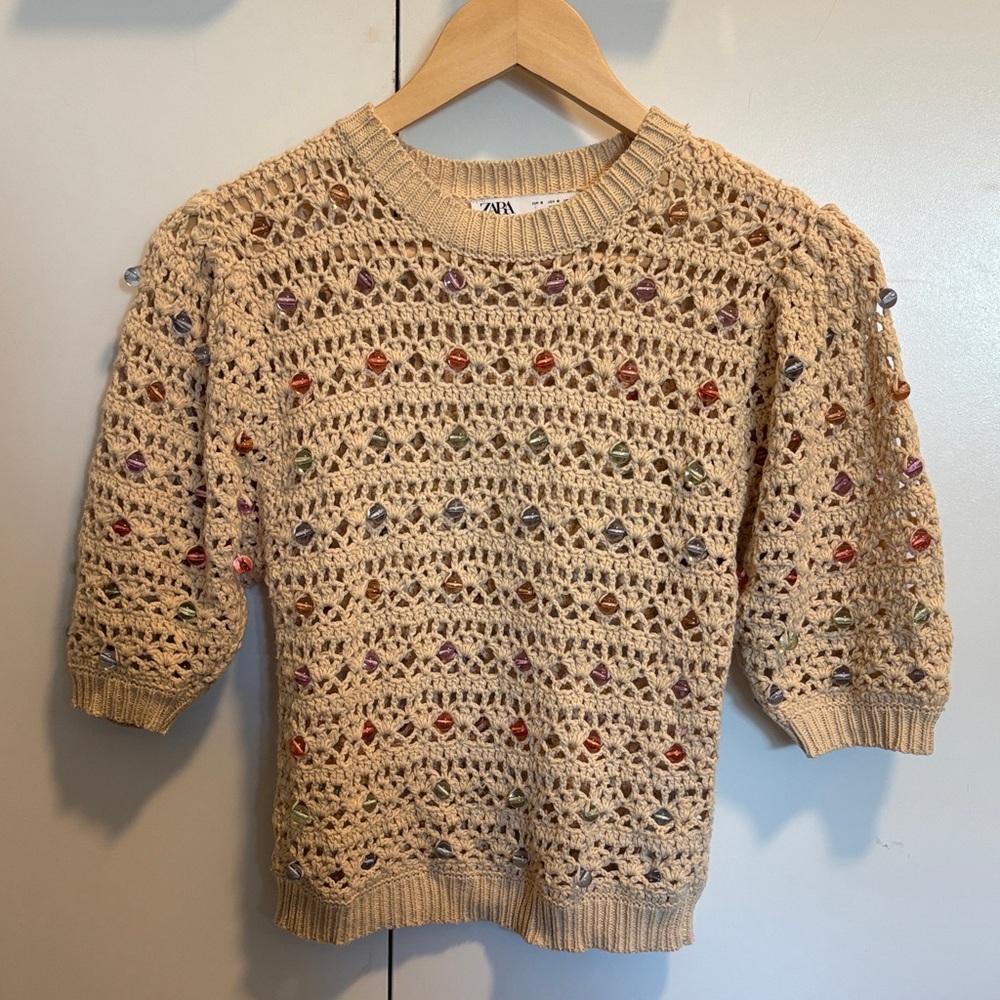Zara Crochet Sweater with Multi-Color Embellishment